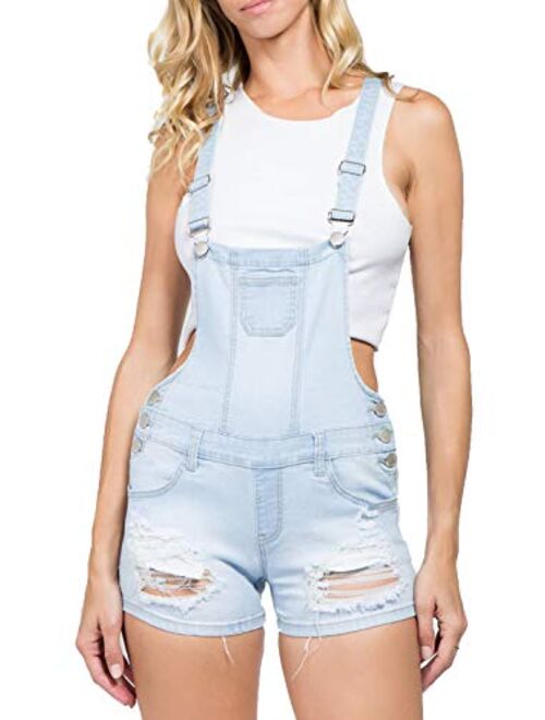 TwiinSisters Women's Ripped Strechy Slim Fit Curve Adjusting Denim Short Overalls Shortalls for Women