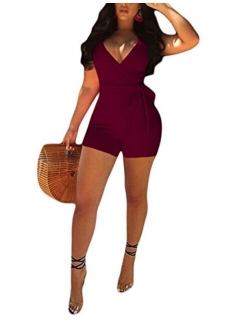 Akmipoem Women's Spaghetti Strap Romper Wrap Front V Neck Solid Shorts Jumpsuit with Belt