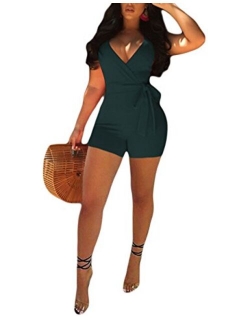 Akmipoem Women's Spaghetti Strap Romper Wrap Front V Neck Solid Shorts Jumpsuit with Belt