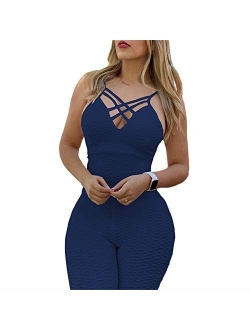 Sumtory Women Crisscross Bandage Backless Camo Bodycon Jumpsuits Long Pant Romper Playsuit