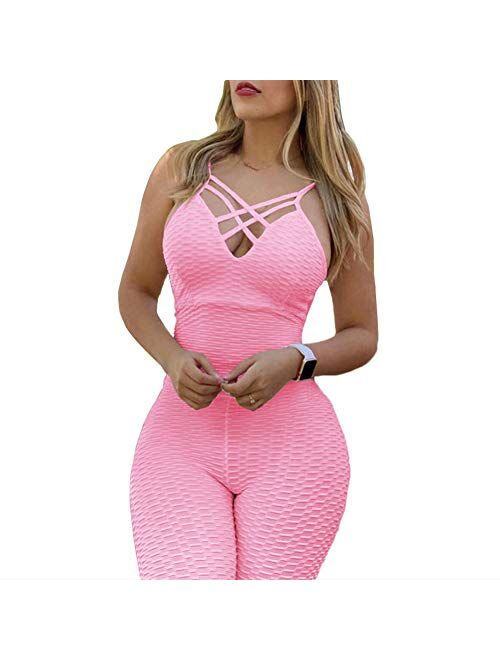 Sumtory Women Crisscross Bandage Backless Camo Bodycon Jumpsuits Long Pant Romper Playsuit