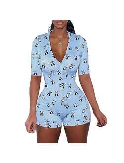 FULA-bao Women's Sexy Deep V Neck Shorts Jumpsuit Long Sleeve One Piece Bodysuit Pajama Bodycon Rompers Overall