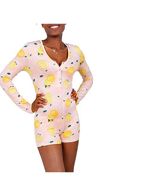 FULA-bao Women's Sexy Deep V Neck Shorts Jumpsuit Long Sleeve One Piece Bodysuit Pajama Bodycon Rompers Overall