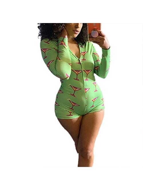 FULA-bao Women's Sexy Deep V Neck Shorts Jumpsuit Long Sleeve One Piece Bodysuit Pajama Bodycon Rompers Overall