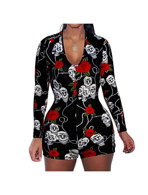 FULA-bao Women's Sexy Deep V Neck Shorts Jumpsuit Long Sleeve One Piece Bodysuit Pajama Bodycon Rompers Overall