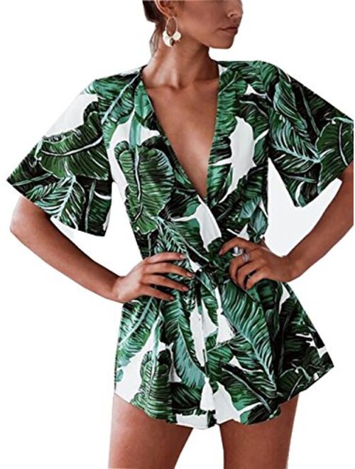 Famulily Women's Plunge V Neck Romper Printed Summer Beach Shorts Jumpsuits Playsuit