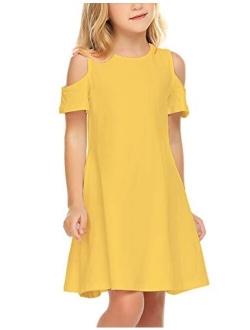 Girls Summer Dress Short Sleeve Cold Shoulder Solid Color Swing Casual Dresses with Pockets