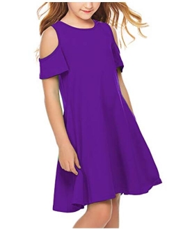 Girls Summer Dress Short Sleeve Cold Shoulder Solid Color Swing Casual Dresses with Pockets