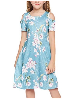 Girls Summer Dress Short Sleeve Cold Shoulder Solid Color Swing Casual Dresses with Pockets