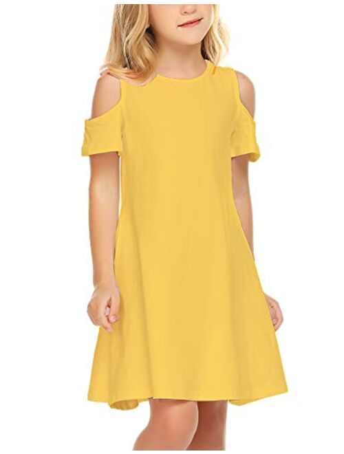 Arshiner Girls Summer Dress Short Sleeve Cold Shoulder Solid Color Swing Casual Dresses with Pockets