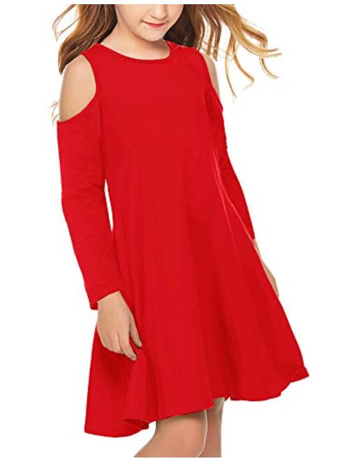 Arshiner Girls Summer Dress Short Sleeve Cold Shoulder Solid Color Swing Casual Dresses with Pockets