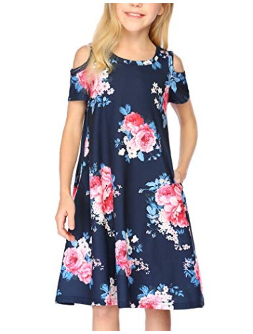 Arshiner Girls Summer Dress Short Sleeve Cold Shoulder Solid Color Swing Casual Dresses with Pockets