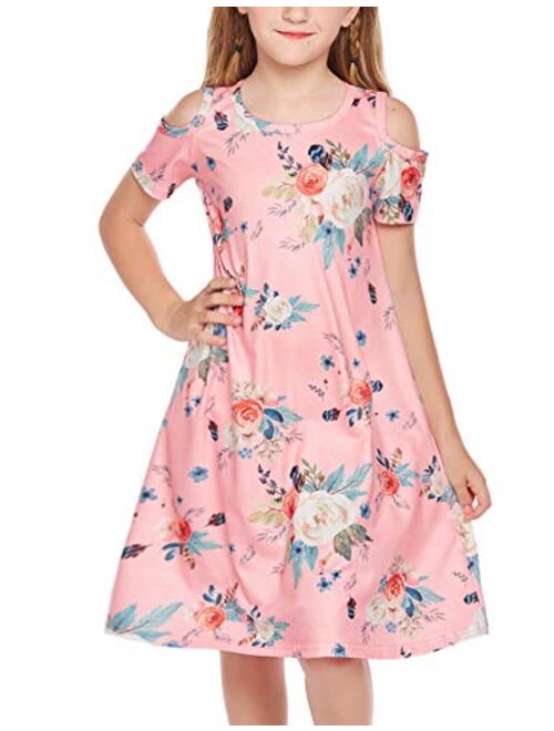 Arshiner Girls Summer Dress Short Sleeve Cold Shoulder Solid Color Swing Casual Dresses with Pockets