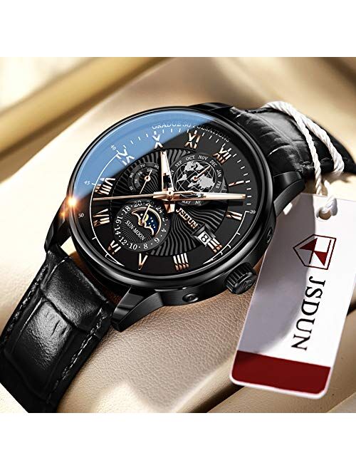 Automatic Watches for Men Self Winding Mechanical Leather Band Moon Phase 24 Hours Date Week Month Waterproof Luminous Wrist Watch