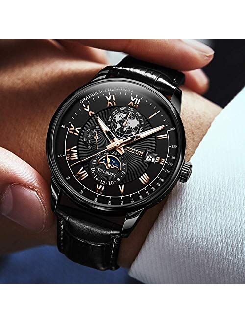 Automatic Watches for Men Self Winding Mechanical Leather Band Moon Phase 24 Hours Date Week Month Waterproof Luminous Wrist Watch