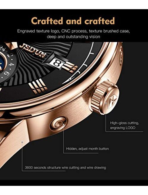 Automatic Watches for Men Self Winding Mechanical Leather Band Moon Phase 24 Hours Date Week Month Waterproof Luminous Wrist Watch