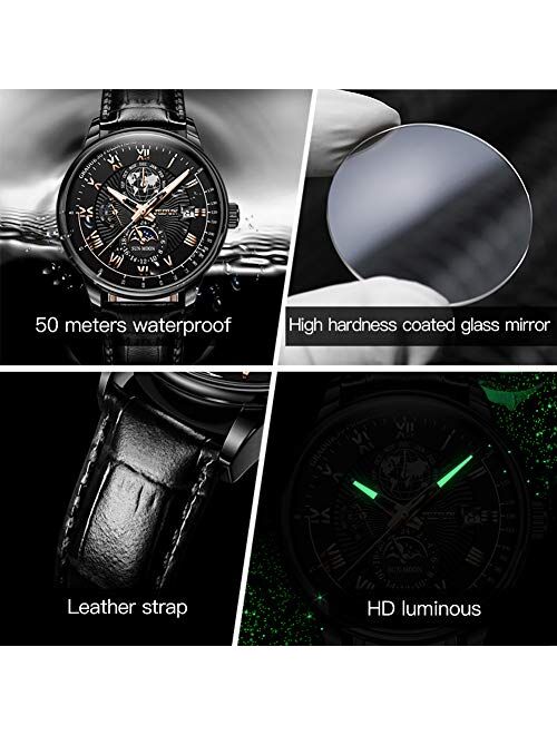 Automatic Watches for Men Self Winding Mechanical Leather Band Moon Phase 24 Hours Date Week Month Waterproof Luminous Wrist Watch