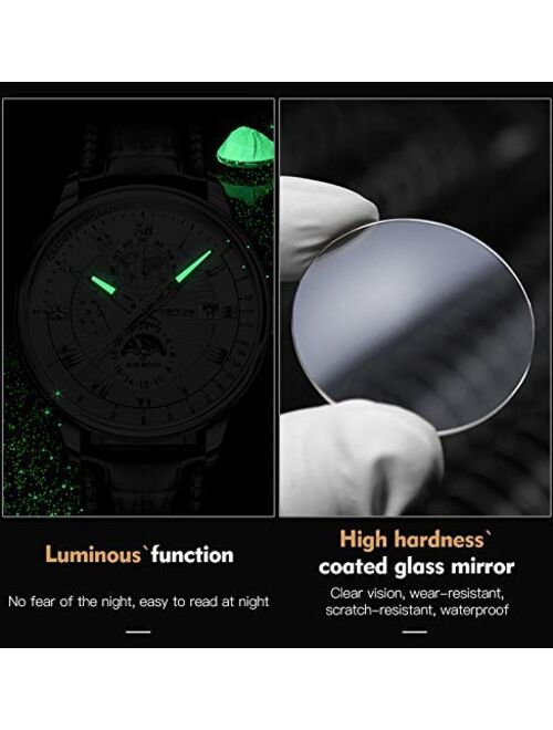 Automatic Watches for Men Self Winding Mechanical Leather Band Moon Phase 24 Hours Date Week Month Waterproof Luminous Wrist Watch