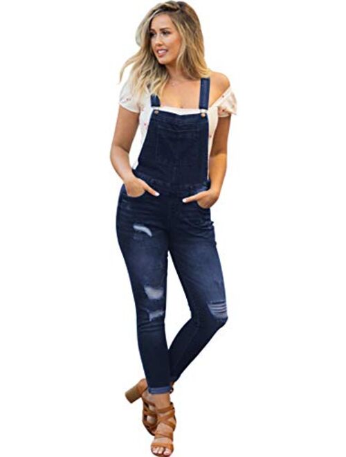 NioBe Clothing Women's Juniors Rolled Cuffs Ankle Length Distressed Denim Overalls