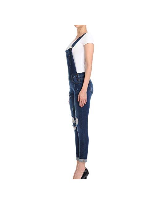 NioBe Clothing Women's Juniors Rolled Cuffs Ankle Length Distressed Denim Overalls