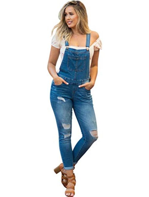 NioBe Clothing Women's Juniors Rolled Cuffs Ankle Length Distressed Denim Overalls