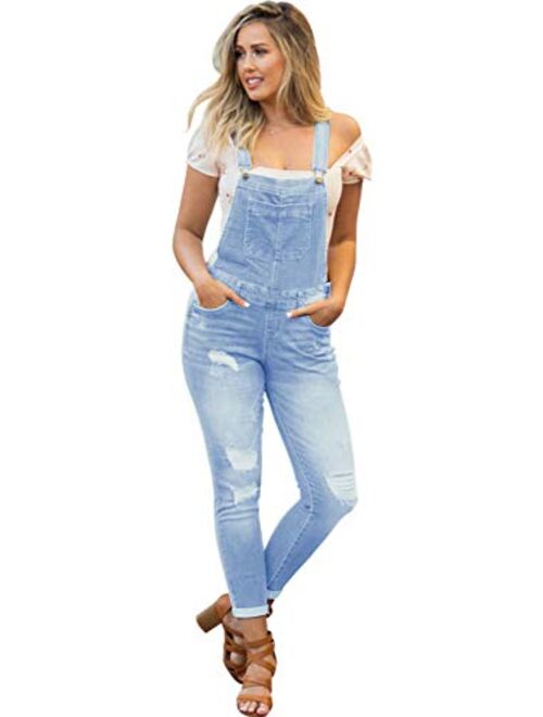 NioBe Clothing Women's Juniors Rolled Cuffs Ankle Length Distressed Denim Overalls