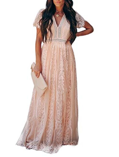 Azokoe Women Deep V Neck Short Sleeve Floral Lace Bridesmaid Maxi Dress Cocktail Party Evening Gown