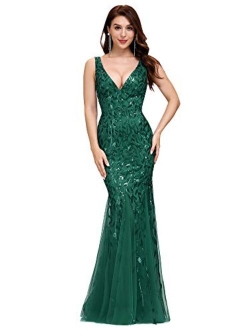 Double V-Neck Sleeveless Mermaid Dress Evening Prom Maxi Dress 7886