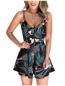 Amiliashp Womens Floral Rompers Sexy V Neck Tie Front Boho Shorts Summer Beach Short Jumpsuit Playsuit Onesies/Mini Dress