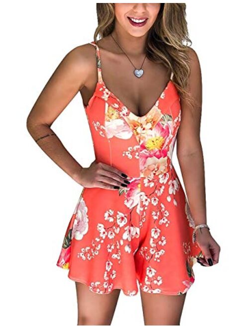 Amiliashp Womens Floral Rompers Sexy V Neck Tie Front Boho Shorts Summer Beach Short Jumpsuit Playsuit Onesies/Mini Dress