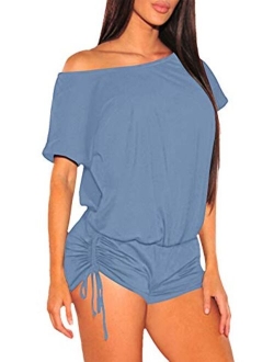 VamJump Women's Short Sleeve One Shoulder Off Shoulder Ruched Beach One Piece Romper Outfit