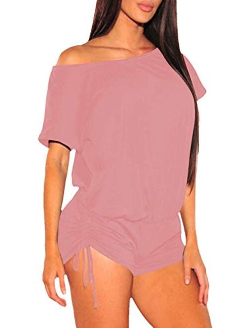 VamJump Women's Short Sleeve One Shoulder Off Shoulder Ruched Beach One Piece Romper Outfit