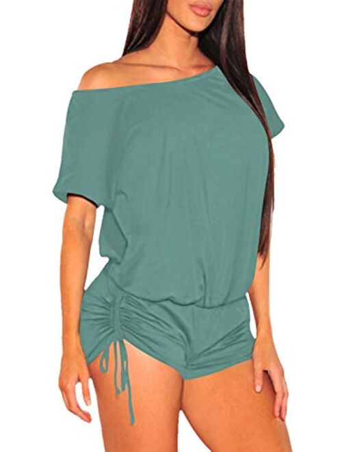 VamJump Women's Short Sleeve One Shoulder Off Shoulder Ruched Beach One Piece Romper Outfit