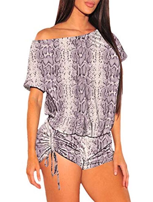 VamJump Women's Short Sleeve One Shoulder Off Shoulder Ruched Beach One Piece Romper Outfit