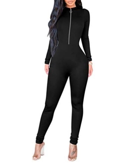 ZileZile Women's Sexy Bodycon Solid Long Sleeve High Waist Zipper Jumpsuit