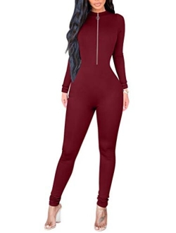 ZileZile Women's Sexy Bodycon Solid Long Sleeve High Waist Zipper Jumpsuit