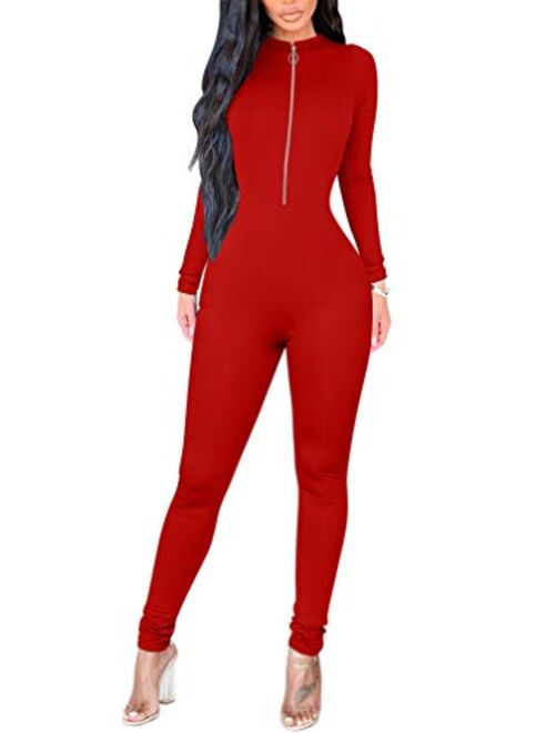 ZileZile Women's Sexy Bodycon Solid Long Sleeve High Waist Zipper Jumpsuit