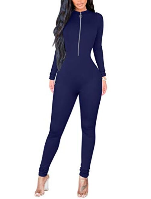 ZileZile Women's Sexy Bodycon Solid Long Sleeve High Waist Zipper Jumpsuit