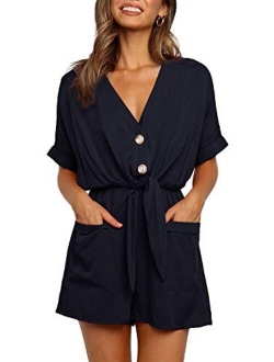 Ivay Womens V Neck Button Rompers Knot Tie Short Sleeve Sexy Loose Playsuit Jumpsuit with Pockets