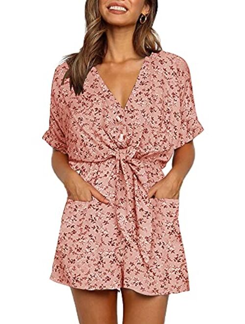 Ivay Womens V Neck Button Rompers Knot Tie Short Sleeve Sexy Loose Playsuit Jumpsuit with Pockets