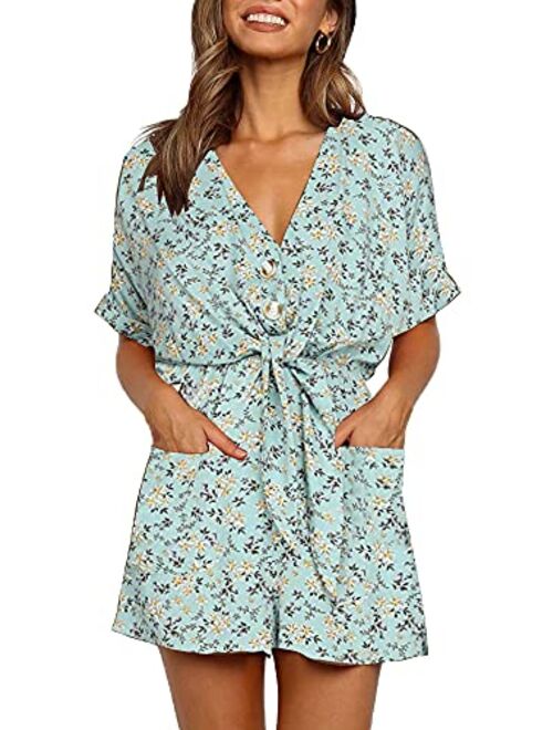 Ivay Womens V Neck Button Rompers Knot Tie Short Sleeve Sexy Loose Playsuit Jumpsuit with Pockets