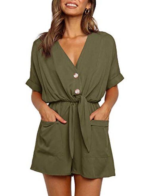 Ivay Womens V Neck Button Rompers Knot Tie Short Sleeve Sexy Loose Playsuit Jumpsuit with Pockets