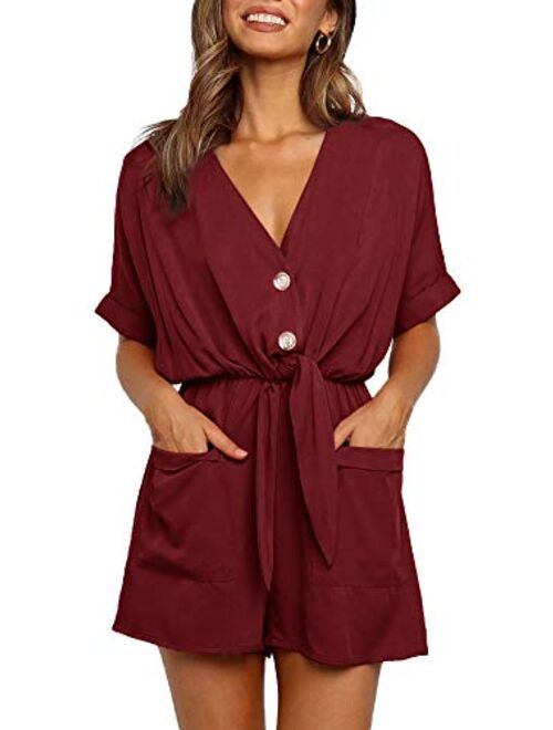 Ivay Womens V Neck Button Rompers Knot Tie Short Sleeve Sexy Loose Playsuit Jumpsuit with Pockets