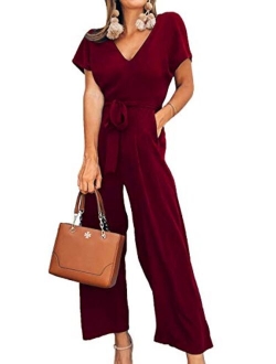 ECOWISH Women V Neck Short Sleeves Tie Waist Jumpsuits Long Wide Pants Casual Jumpsuit with Pockets