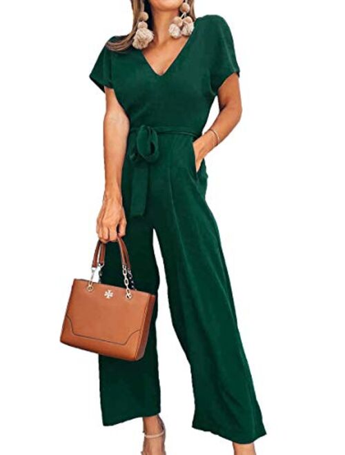 ECOWISH Women V Neck Short Sleeves Tie Waist Jumpsuits Long Wide Pants Casual Jumpsuit with Pockets