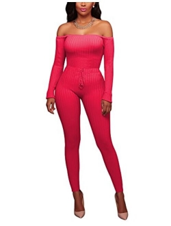 OLUOLIN Womens Sexy Off Shoulder Tights Leggings Jumpsuits - Bodycon Long Sleeve Skinny Long Pants Rompers Clubwear