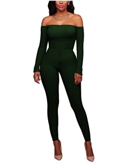 OLUOLIN Womens Sexy Off Shoulder Tights Leggings Jumpsuits - Bodycon Long Sleeve Skinny Long Pants Rompers Clubwear