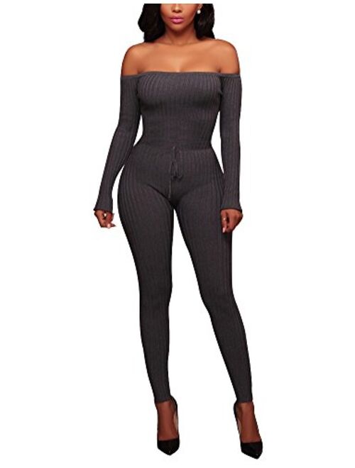 OLUOLIN Womens Sexy Off Shoulder Tights Leggings Jumpsuits - Bodycon Long Sleeve Skinny Long Pants Rompers Clubwear