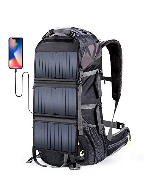 External Frame Hiking Backpack 68L with 20 Watts Solar Charger Panel (Blue)