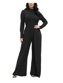 Ophestin Womens Long Sleeve Round Neck Jumpsuit for Work Wide Leg Pants Rompers